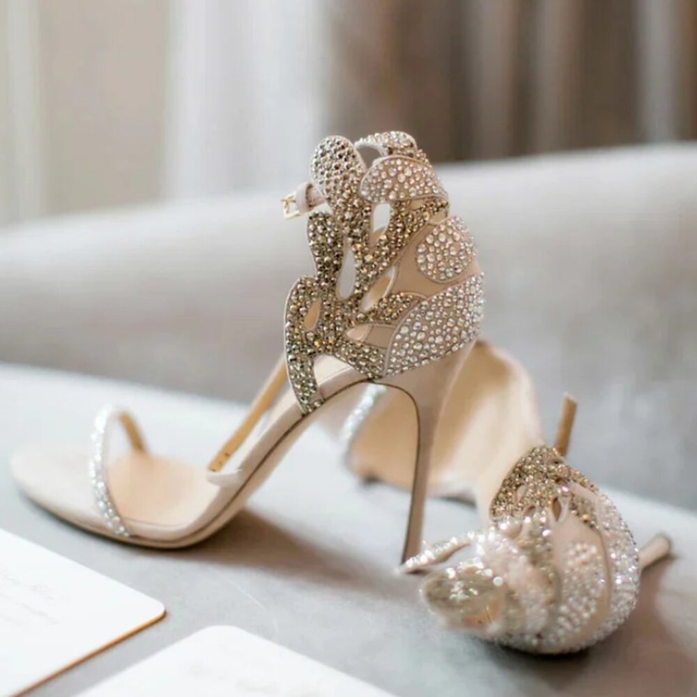 FSJ Champagne Wedding Shoes Rhinestone Stiletto Heels Bridal Sandals - Picture 1 of 8